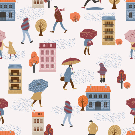 Vector illustration of people in the rain. Autumn mood. Seamless pattern.のイラスト素材