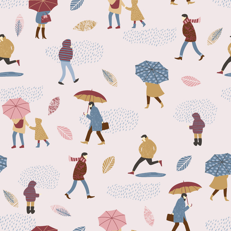 Vector illustration of people in the rain. Autumn mood. Trendy retro style. Seamless pattern.のイラスト素材