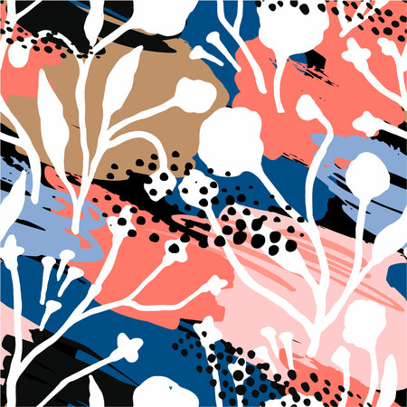 Abstract floral seamless pattern with trendy hand drawn textures.のイラスト素材