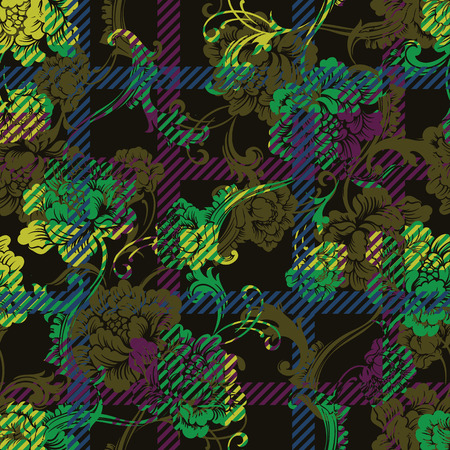 Eclectic fabric plaid seamless pattern with baroque ornament. Vector background.のイラスト素材