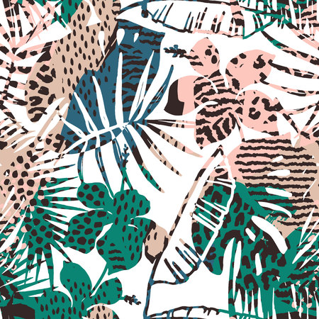 Trendy seamless exotic pattern with palm, animal prints, and hand drawn textures.のイラスト素材