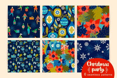 Christmas seamless patterns with dancing women and New Year symbols.のイラスト素材
