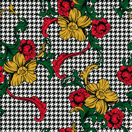 Eclectic fabric plaid seamless pattern with baroque ornament.のイラスト素材