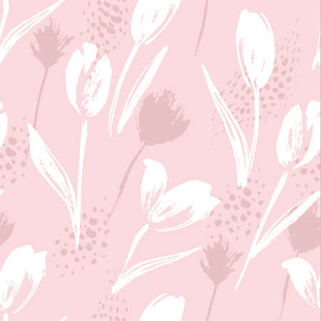 Abstract floral seamless pattern with tulips. Trendy hand drawn textures.のイラスト素材