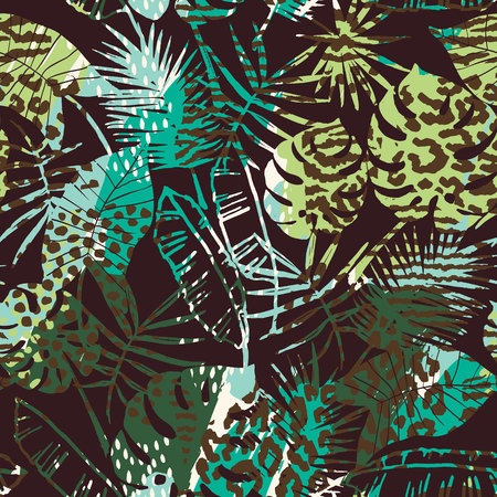 Trendy seamless exotic pattern with palm, animal prints and hand drawn textures.のイラスト素材