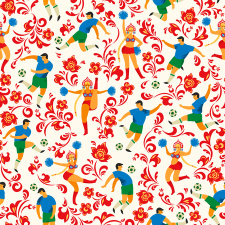 Soccer players and cheerleaders girls in Russian style. Vector seamless pattern.のイラスト素材