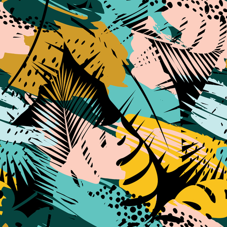 Seamless exotic pattern with tropical plants and artistic backgroundのイラスト素材