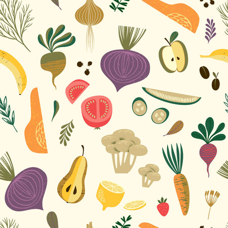 Vector seamless pattern with vegetables and fruit.のイラスト素材