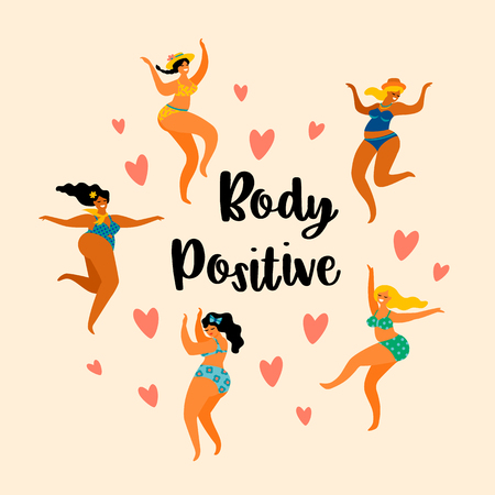 Body positive. Happy plus size girls are dancing. Vector illustration.のイラスト素材