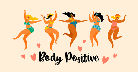 Body positive. Happy plus size girls are dancing. Vector illustration.のイラスト素材