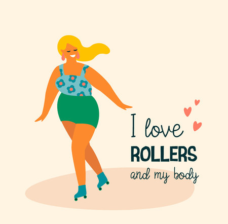 Body positive. Happy plus size girl and active lifestyle. Vector illustration.のイラスト素材