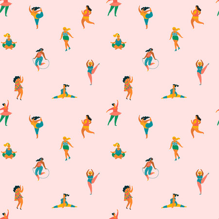 Body positive. Happy plus size girls and active lifestyle. Vector seamless pattern.のイラスト素材