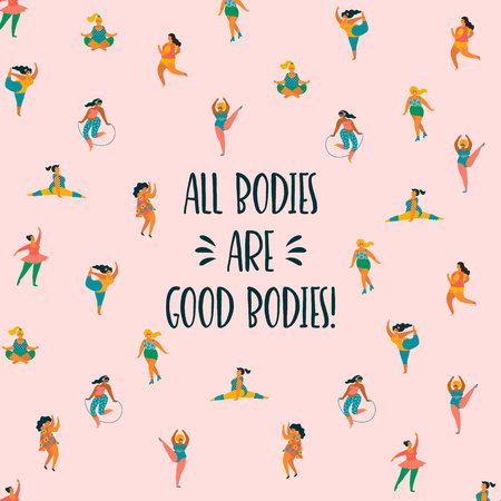 Body positive. Happy plus size girls and active lifestyle. Vector illustration.のイラスト素材