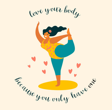 Body positive. Happy plus size girl and active lifestyle. Vector illustration.のイラスト素材