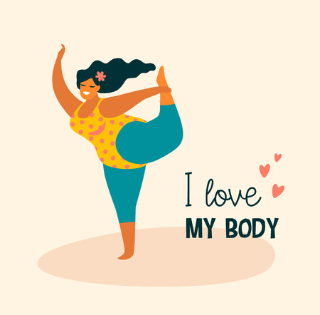 Body positive. Happy plus size girl and active lifestyle. Vector illustration.のイラスト素材