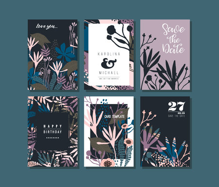 Set of abstract creative cards. Hand drawn art texture and floral elements. Modern and stylish abstract templates for poster, cover, invitation design.のイラスト素材