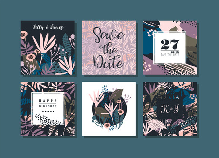 Set of abstract creative cards. Hand drawn art texture and floral elements. Modern and stylish abstract templates for poster, cover, invitation design.のイラスト素材