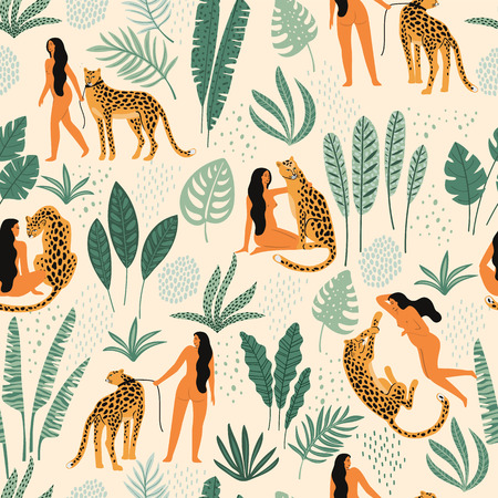 Vector seamless pattern with women, leopards and tropical leaves. Trendy design for paper, cover, fabric and other users.のイラスト素材