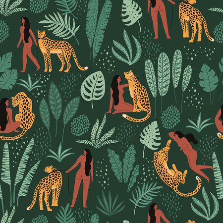 Vector seamless pattern with women, leopards and tropical leaves. Trendy design for paper, cover, fabric and other users.のイラスト素材