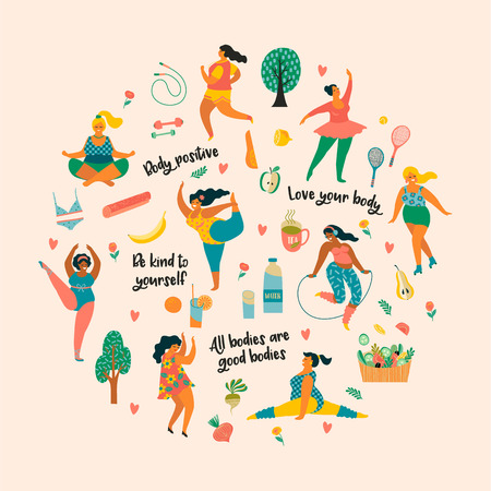 Body positive. Happy plus size girls and active healthy lifestyle. Vector illustration.のイラスト素材
