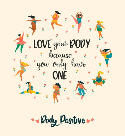 Body positive. Happy plus size girls and active healthy lifestyle. Vector illustration.のイラスト素材