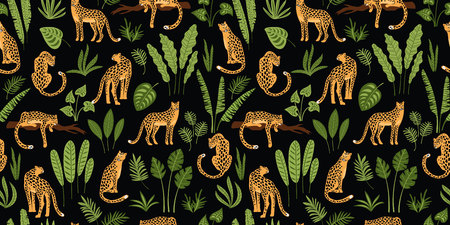 Vestor seamless pattern with leopards and tropical leaves.のイラスト素材