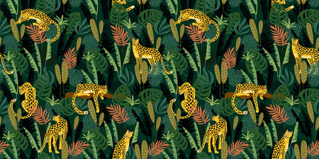 Vestor seamless pattern with leopards and tropical leaves.の写真素材