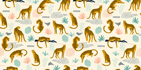 Vestor seamless pattern with leopards and tropical leaves.のイラスト素材