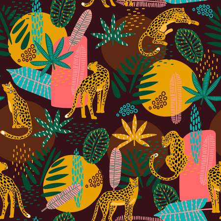 Vestor seamless pattern with leopards and abstract tropical leaves.のイラスト素材