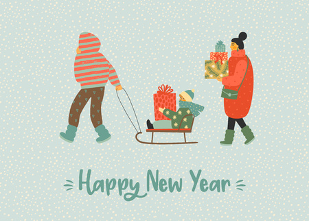 Christmas and Happy New Year illustration whit people. Trendy retro style.の写真素材