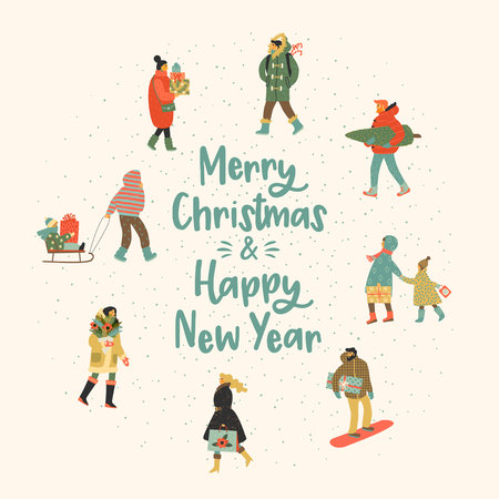 Christmas and Happy New Year illustration whit people. Trendy retro style.の写真素材
