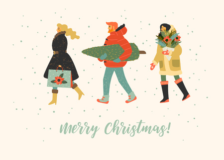 Christmas and Happy New Year illustration whit people. Trendy retro style.の写真素材