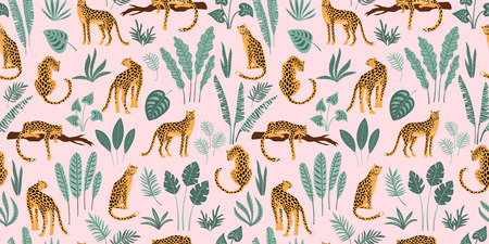 Vestor seamless pattern with leopards and tropical leaves.のイラスト素材
