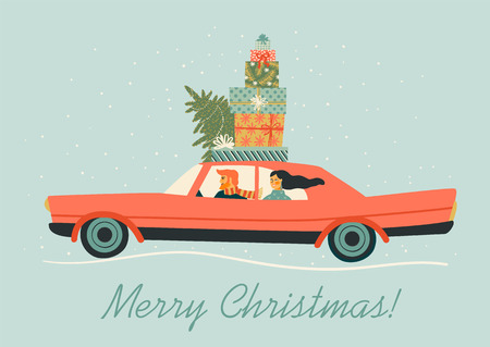 Christmas and Happy New Year illustration with red car. Trendy retro style.のイラスト素材