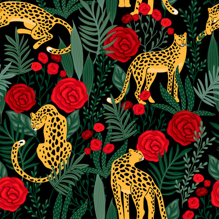 Seamless pattern with leopards and roses.のイラスト素材