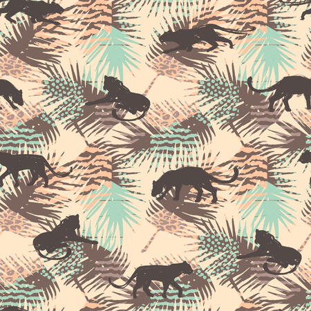 Vestor seamless pattern with leopards and abstract tropical leaves. Trendy style.のイラスト素材
