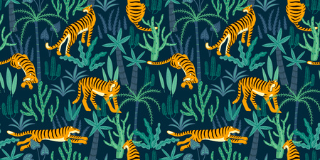 Seamless exotic pattern with tigers in the jungle. Vector hand draw design.のイラスト素材