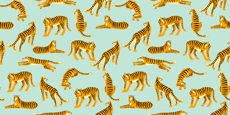 Seamless exotic pattern with tigers. Vector hand draw design.のイラスト素材