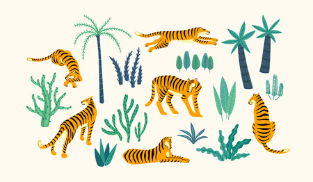 Vestor set of tigers and tropical leaves. Trendy illustration.のイラスト素材