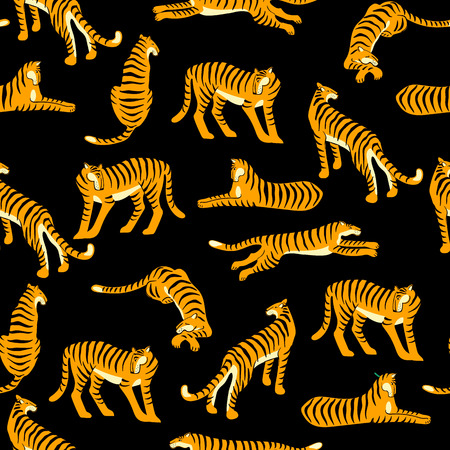 Seamless exotic pattern with tigers. Vector hand draw design.のイラスト素材