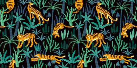 Seamless exotic pattern with tigers in the jungle. Vector hand draw design.のイラスト素材