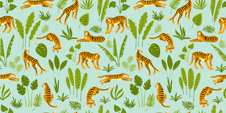 Seamless exotic pattern with tigers in the jungle. Vector hand draw design.のイラスト素材