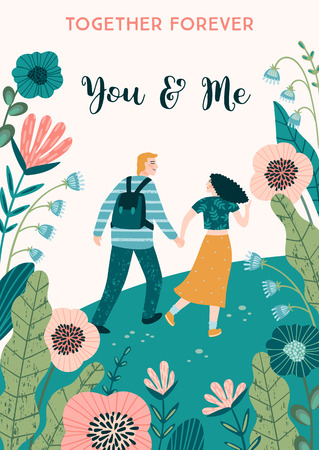 Romantic illustration with people. Love, love story, relationship. Vector design concept for Valentines Day and other users.のイラスト素材