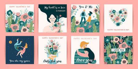 Romantic set of cute illustrations. Love, love story, relationship. Vector design concept for Valentines Day and other users.のイラスト素材