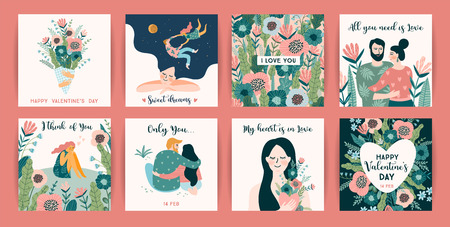 Romantic set of cute illustrations. Love, love story, relationship. Vector design concept for Valentines Day and other users.のイラスト素材