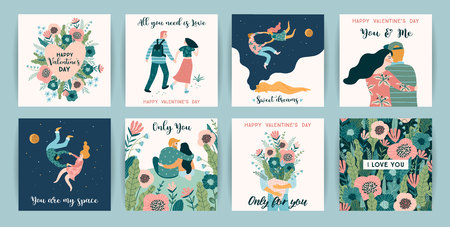 Romantic set of cute illustrations. Love, love story, relationship. Vector design concept for Valentines Day and other users.のイラスト素材