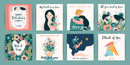 Romantic set of cute illustrations. Love, love story, relationship. Vector design concept for Valentines Day and other users.のイラスト素材
