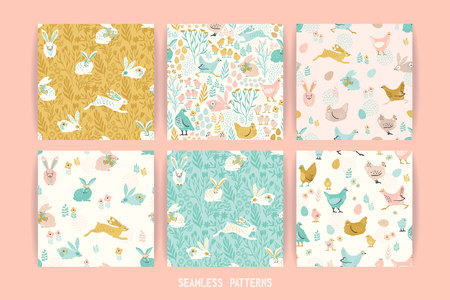 Vector seamless patterns with bunnies and chicken for Easter and other users. Design element.のイラスト素材