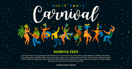 Brazil carnival. Vector illustration of funny dancing men and women in bright costumes. Design element for carnival concept and other usersのイラスト素材