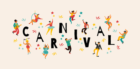 Hello Carnival Vector illustration of funny dancing men and women in bright costumes. Design element for carnival concept and other usersのイラスト素材